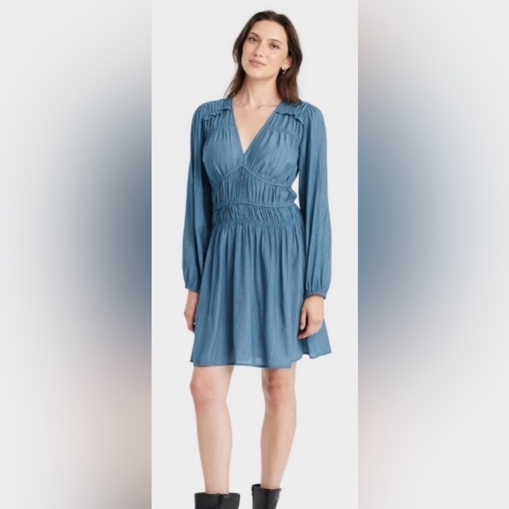 Universal Thread Women's Long Sleeve Smocked Ruffle Mini A-Line Dress Blue - Picture 3 of 6